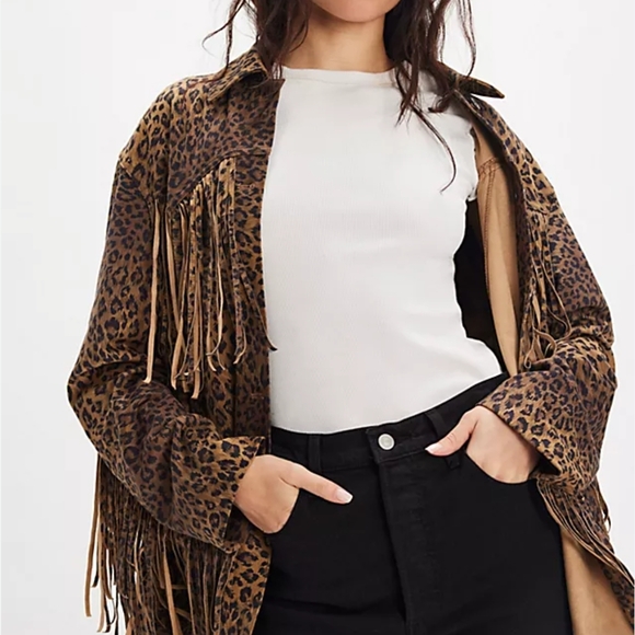 Free People Jackets & Blazers - Free People Animal Print Fringe Jacket - Brown and Black. New Without Tag